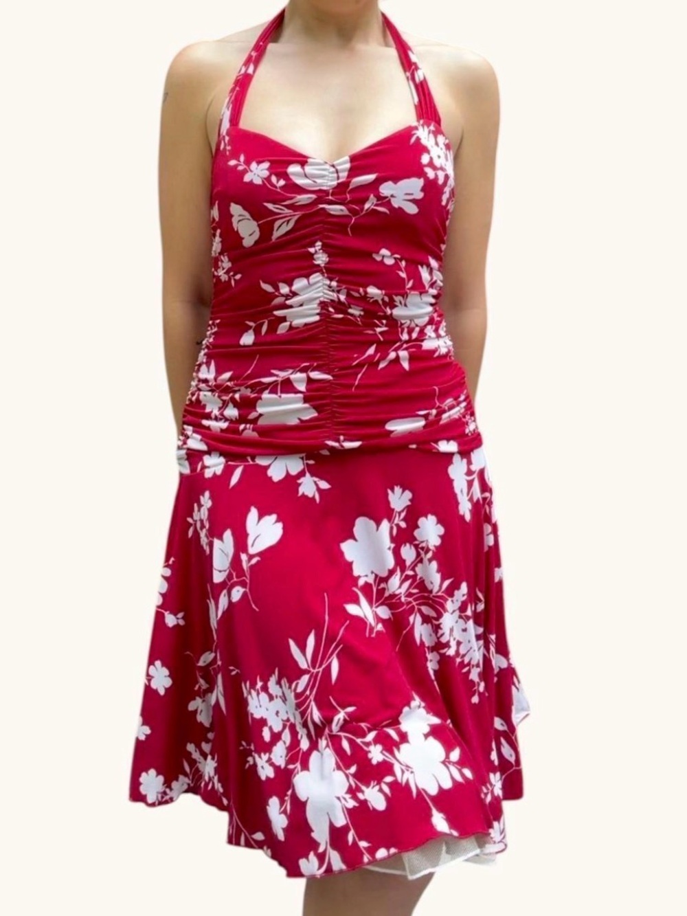 Vintage Y2K Ruched Floral Tulle Midi Halter Dress